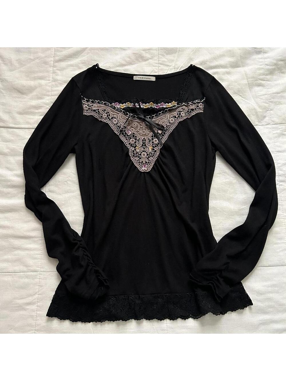 Axes Femme Black Embellished Lace Floral Bib Gothic Coquette M Japan